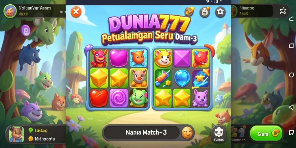 Screenshot DUNIA777 menampilkan gameplay Match-3 yang seru dan penuh warna.