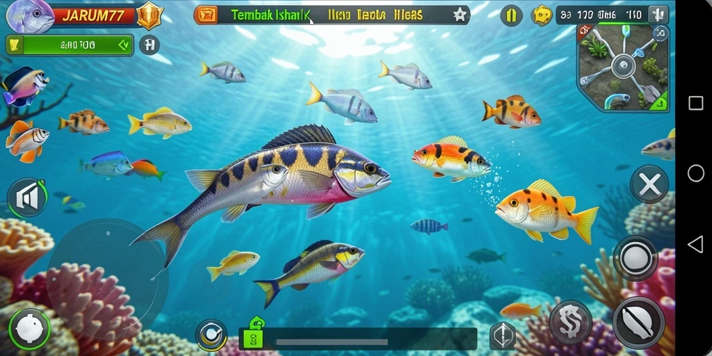 Screenshot gameplay JARUM77 menampilkan aksi menangkap ikan.