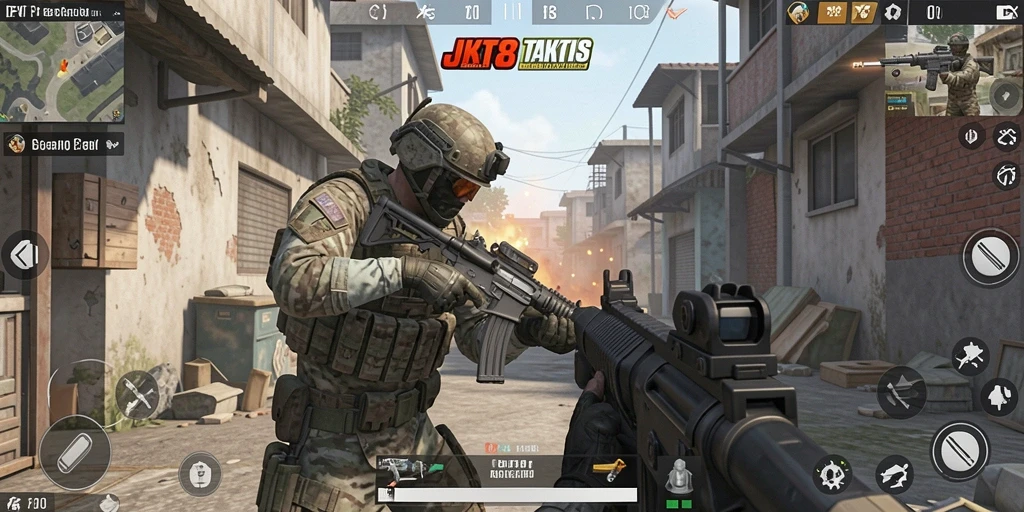 Tangkapan layar JKT8 menampilkan aksi tembak-menembak yang intens dalam game FPS.