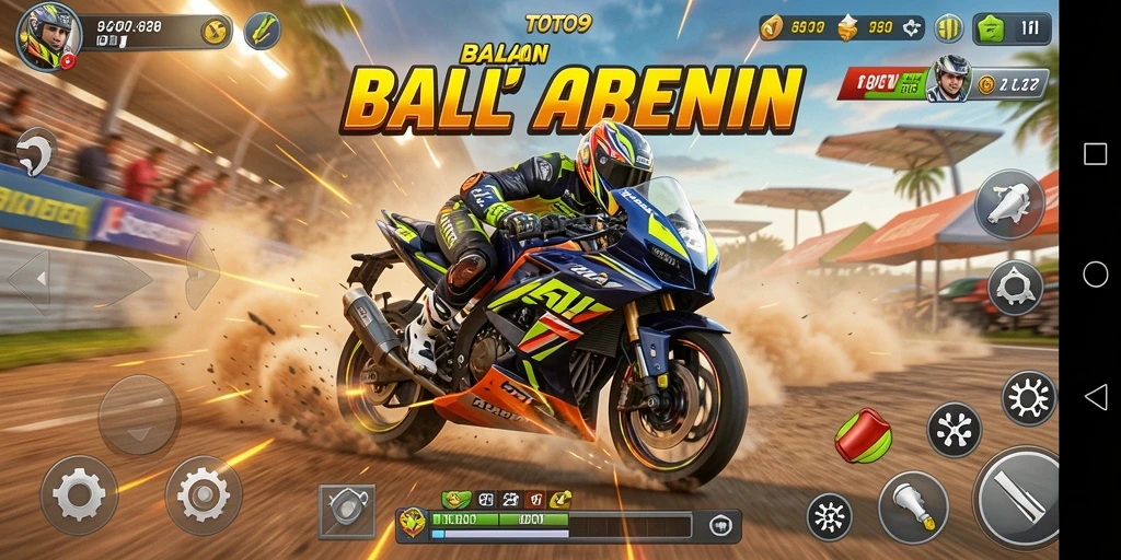 Screenshot gameplay TOTO9 menampilkan balapan motor yang seru dan mendebarkan.